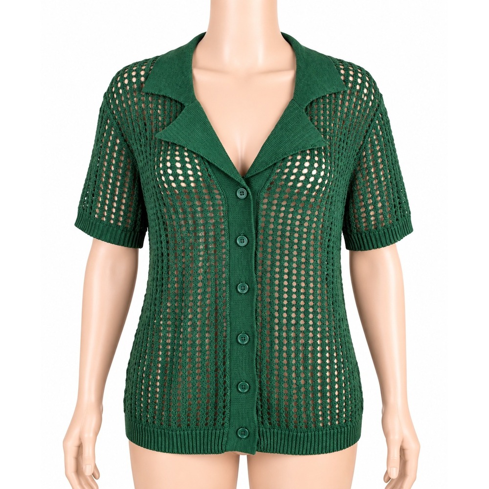 Alexia Admor Josie Top Large Green Open Knit Crochet Button Front Collared